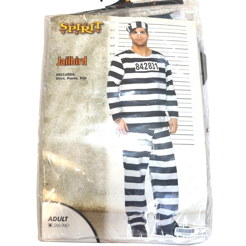 Spirit Halloween Jailbird Costume Adult SM/MD Black White Striped Prisoner Set